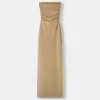 Rochie midi cu decolteu bandeau cu fir metalic Rochie midi cu decolteu bandeau cu fir metalic