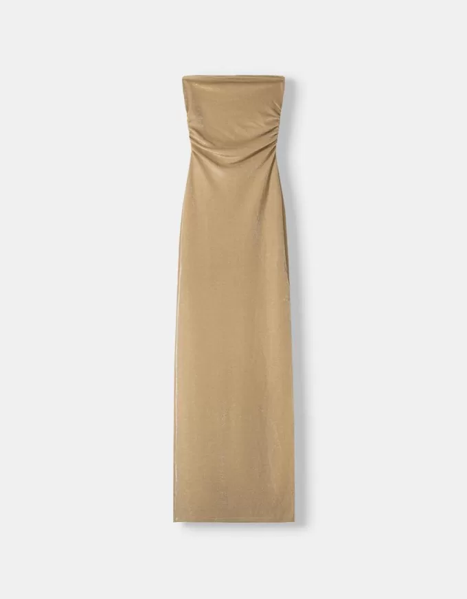 Rochie midi cu decolteu bandeau cu fir metalic Rochie midi cu decolteu bandeau cu fir metalic