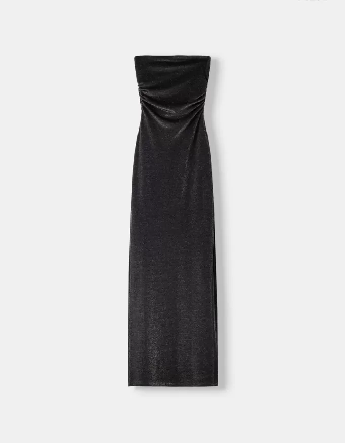 Rochie midi cu decolteu bandeau cu fir metalic Rochie midi cu decolteu bandeau cu fir metalic