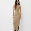 Rochie midi cu decolteu bandeau cu fir metalic Rochie midi cu decolteu bandeau cu fir metalic