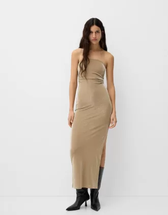 Rochie midi cu decolteu bandeau cu fir metalic