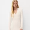 Rochie midi cu guler polo cu nervuri Rochie midi cu guler polo cu nervuri