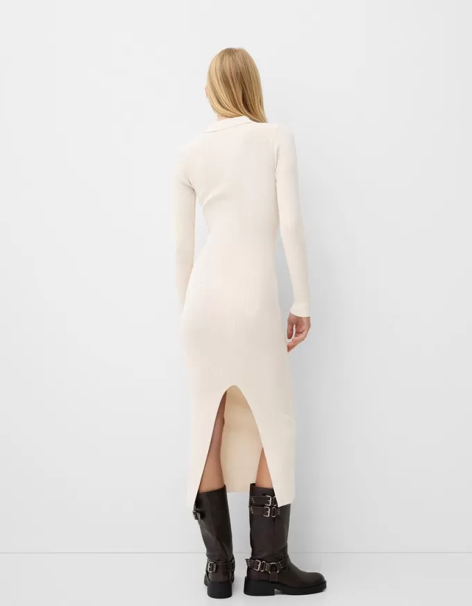 Rochie midi cu guler polo cu nervuri Rochie midi cu guler polo cu nervuri