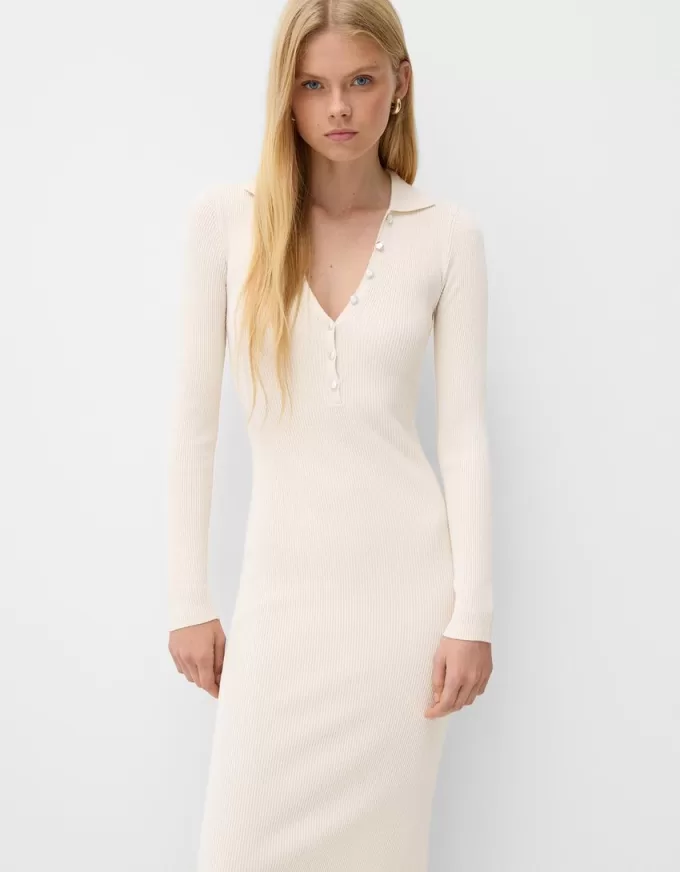 Rochie midi cu guler polo cu nervuri Rochie midi cu guler polo cu nervuri