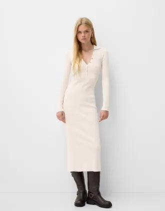 Rochie midi cu guler polo cu nervuri