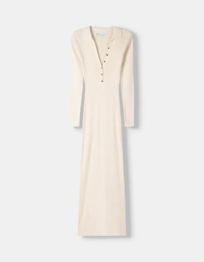 Rochie midi cu guler polo cu nervuri Rochie midi cu guler polo cu nervuri