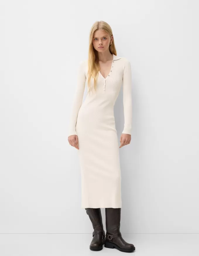 Rochie midi cu guler polo cu nervuri Rochie midi cu guler polo cu nervuri