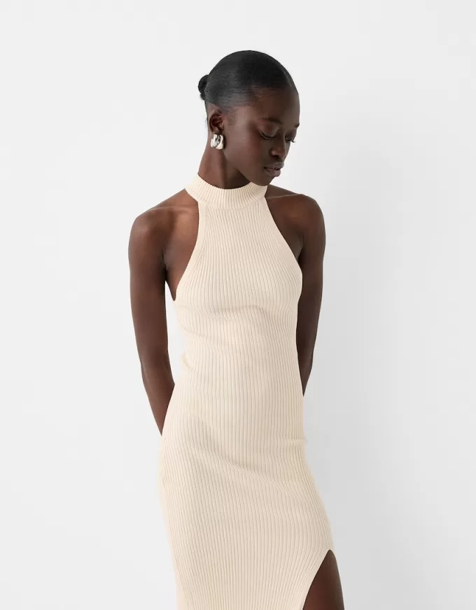 Rochie midi cu halter cu coaste Rochie midi cu halter cu coaste