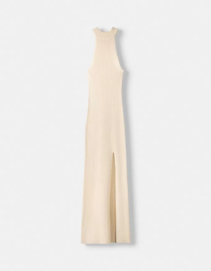 Rochie midi cu halter cu coaste Rochie midi cu halter cu coaste