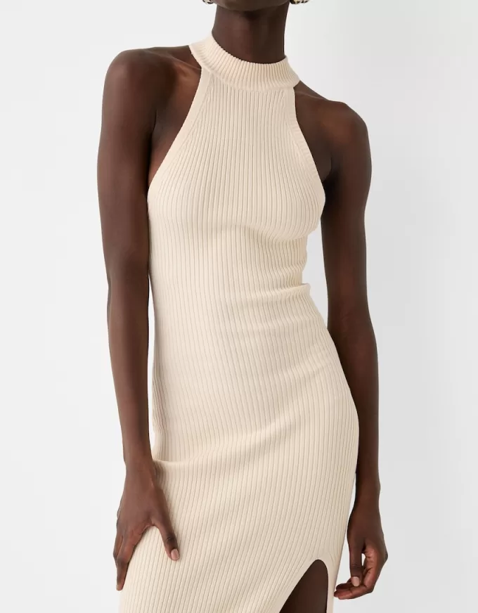 Rochie midi cu halter cu coaste Rochie midi cu halter cu coaste