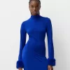 Rochie midi cu maneca lunga, cu mansete din blana artificiala