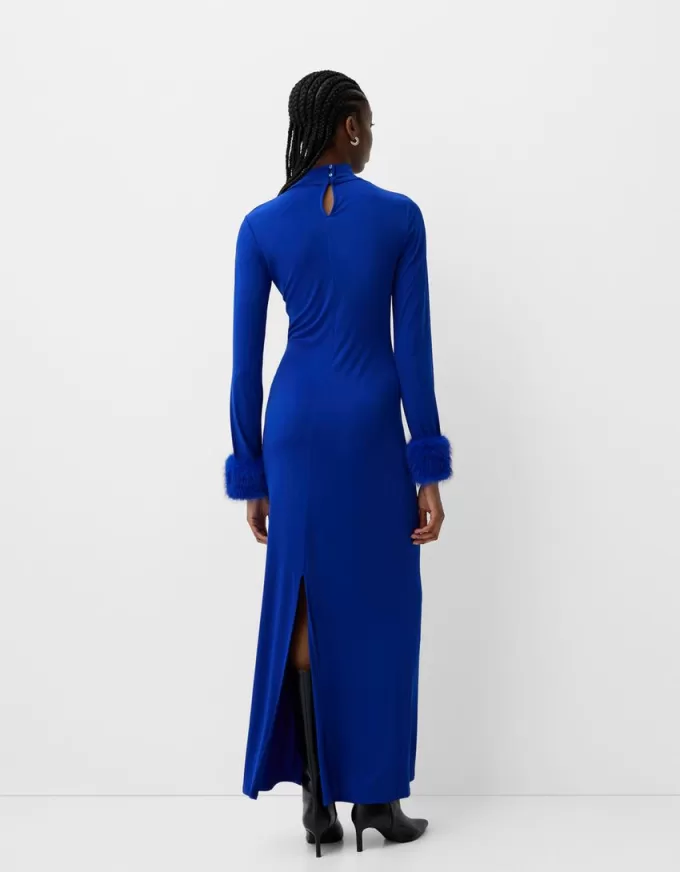 Rochie midi cu maneca lunga, cu mansete din blana artificiala