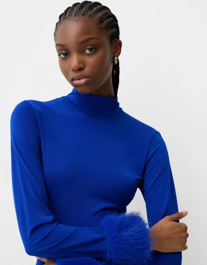 Rochie midi cu maneca lunga, cu mansete din blana artificiala