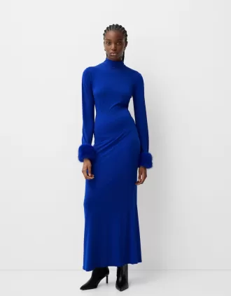 Rochie midi cu maneca lunga, cu mansete din blana artificiala