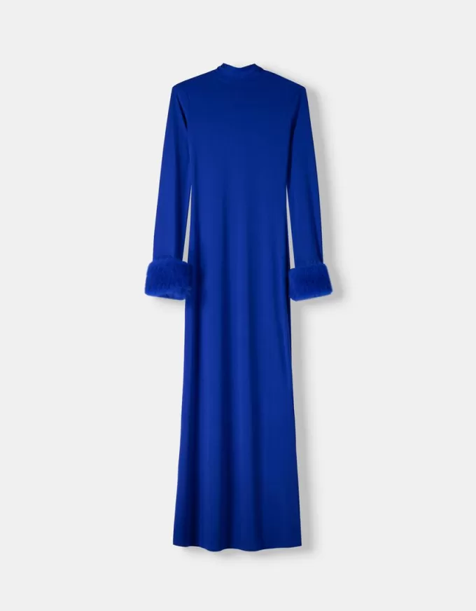 Rochie midi cu maneca lunga, cu mansete din blana artificiala