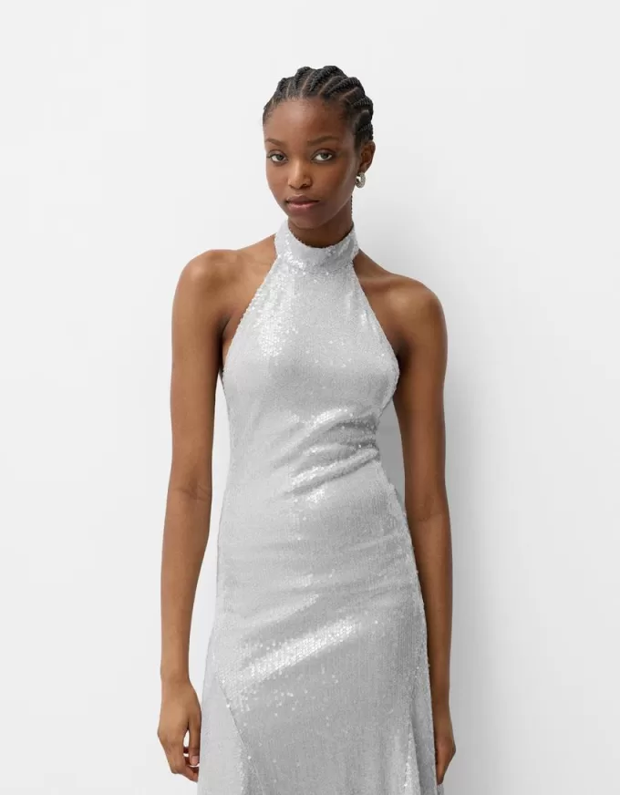 Rochie midi cu paiete cu decolteu Rochie midi cu paiete cu decolteu
