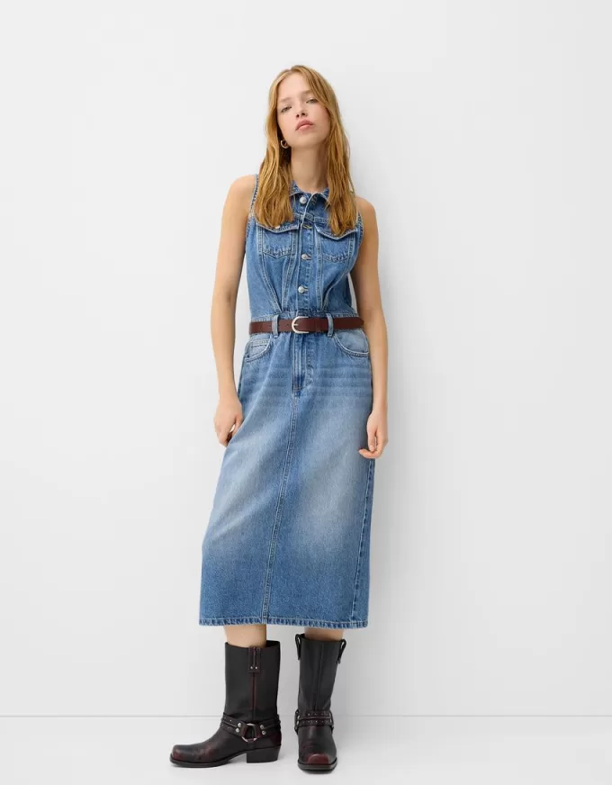 Rochie midi denim cu centura Rochie midi denim cu centura