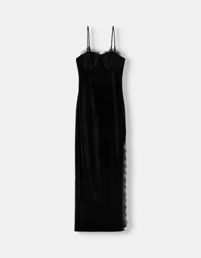 Rochie midi din catifea cu dantelă Rochie midi din catifea cu dantelă