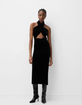 Rochie midi din catifea cu decolteu