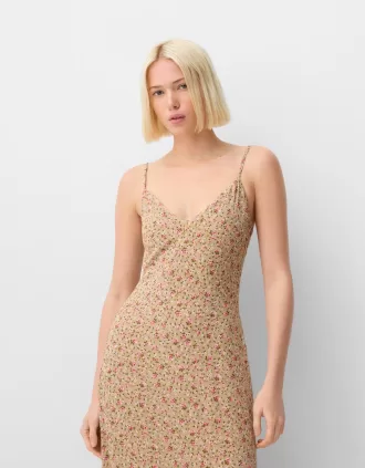Rochie midi din crepon cu volane imprimate