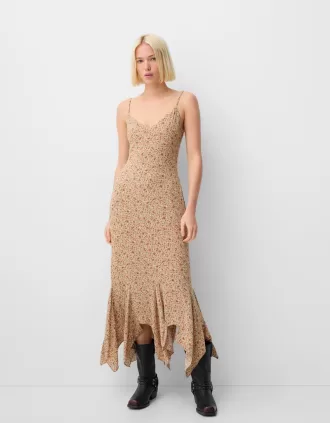 Rochie midi din crepon cu volane imprimate