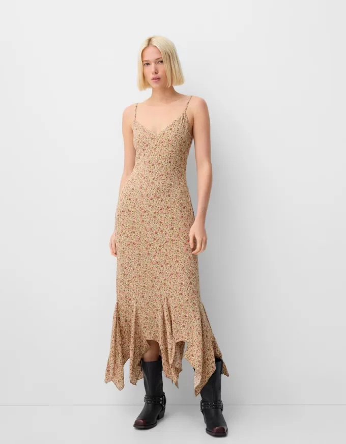 Rochie midi din crepon cu volane imprimate Rochie midi din crepon cu volane imprimate