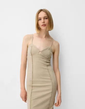 Rochie midi din twill cu bretele si detalii cusaturi