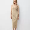 Rochie midi din twill cu bretele si detalii cusaturi Rochie midi din twill cu bretele si detalii cusaturi
