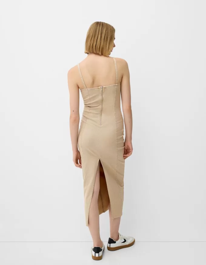 Rochie midi din twill cu bretele si detalii cusaturi Rochie midi din twill cu bretele si detalii cusaturi