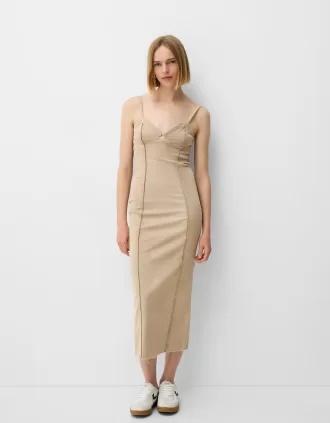 Rochie midi din twill cu bretele si detalii cusaturi