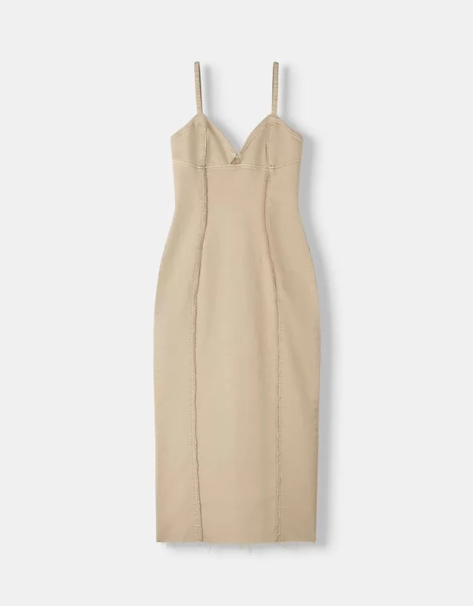 Rochie midi din twill cu bretele si detalii cusaturi Rochie midi din twill cu bretele si detalii cusaturi