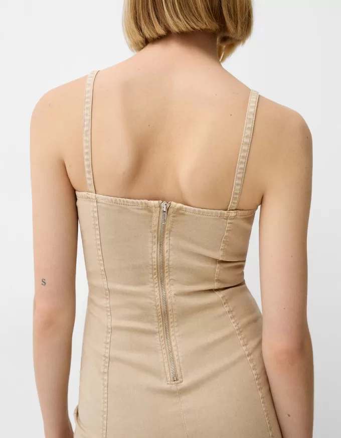 Rochie midi din twill cu bretele si detalii cusaturi Rochie midi din twill cu bretele si detalii cusaturi