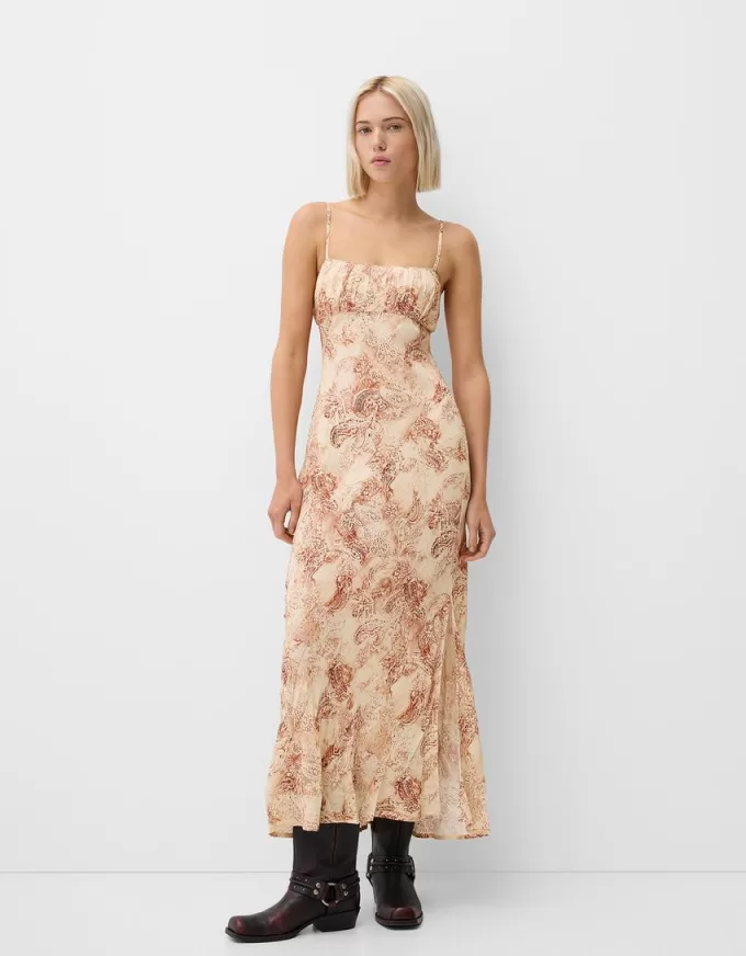 Rochie midi imprimata cu bretele