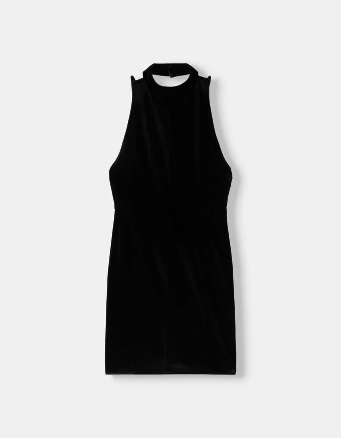 Rochie mini din catifea cu gat inalt Rochie mini din catifea cu gat inalt