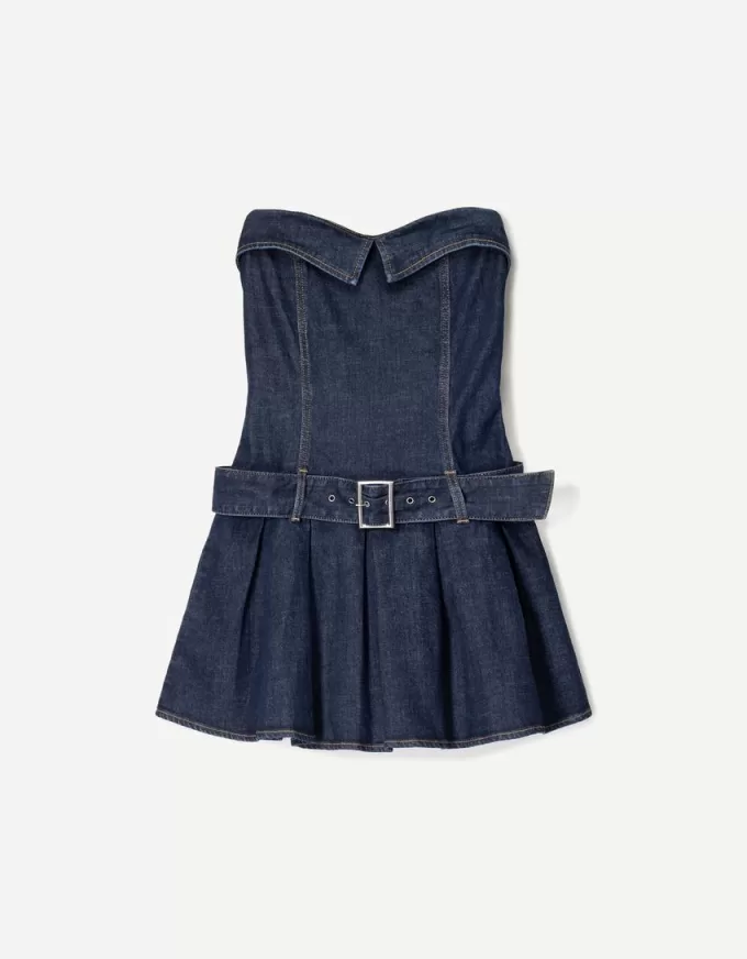 Rochie mini din denim cu pliuri cutie Rochie mini din denim cu pliuri cutie