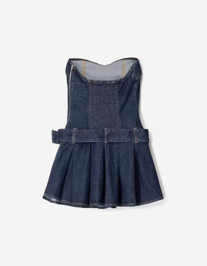 Rochie mini din denim cu pliuri cutie Rochie mini din denim cu pliuri cutie