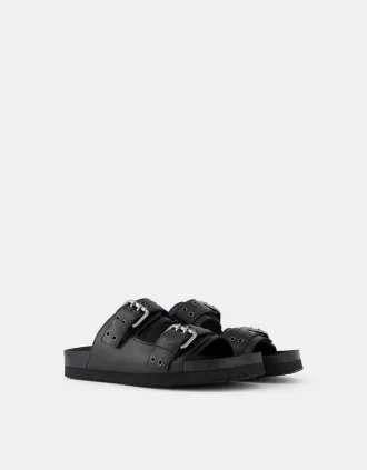 Sandale plate cu catarame din PIELE