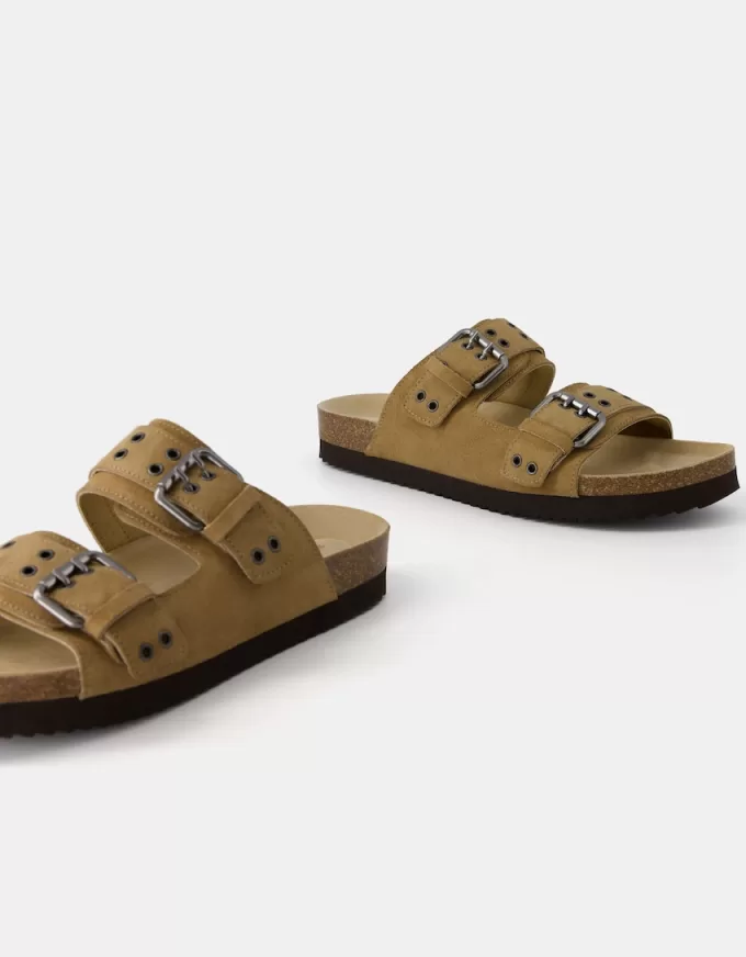 Sandale plate cu catarame din PIELE