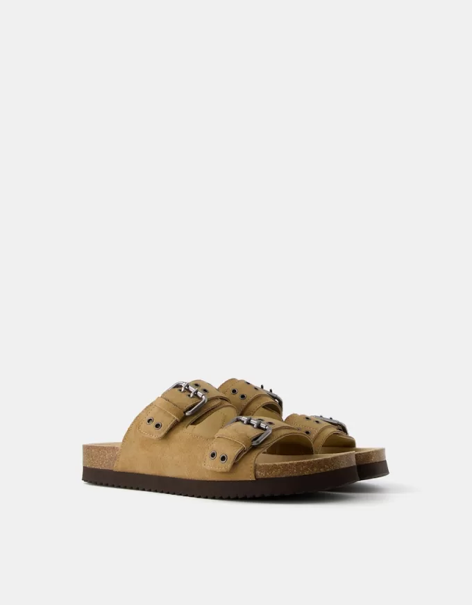 Sandale plate cu catarame din PIELE