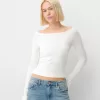 Tricou cu mânecă lungă brodat cu gât barcă Tricou cu mânecă lungă brodat cu gât barcă