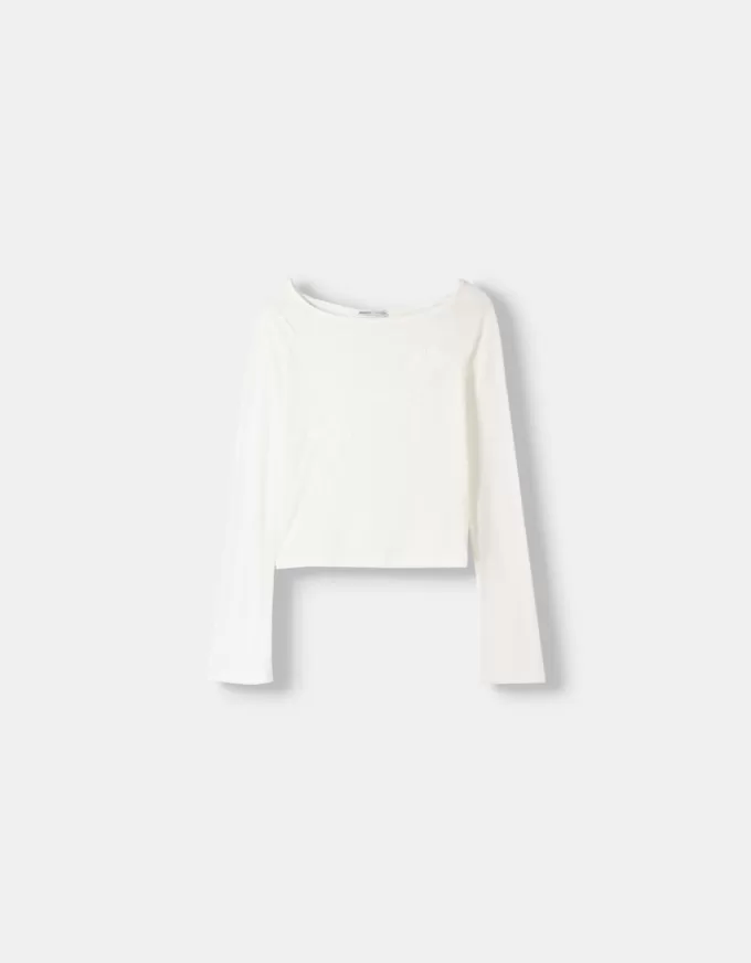 Tricou cu mânecă lungă brodat cu gât barcă Tricou cu mânecă lungă brodat cu gât barcă