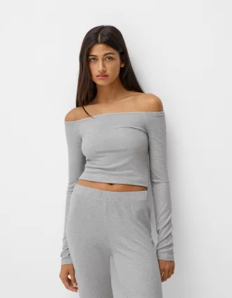 Tricou cu mânecă lungă cu decolteu Bardot