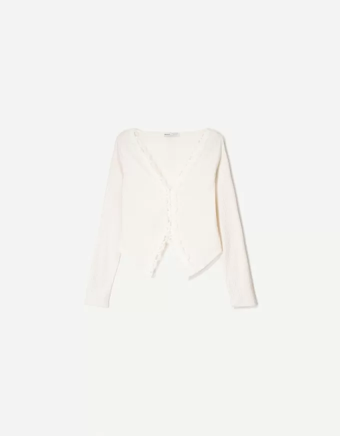 Tricou cu mânecă lungă cu nervuri și dantelă blondă Tricou cu mânecă lungă cu nervuri și dantelă blondă