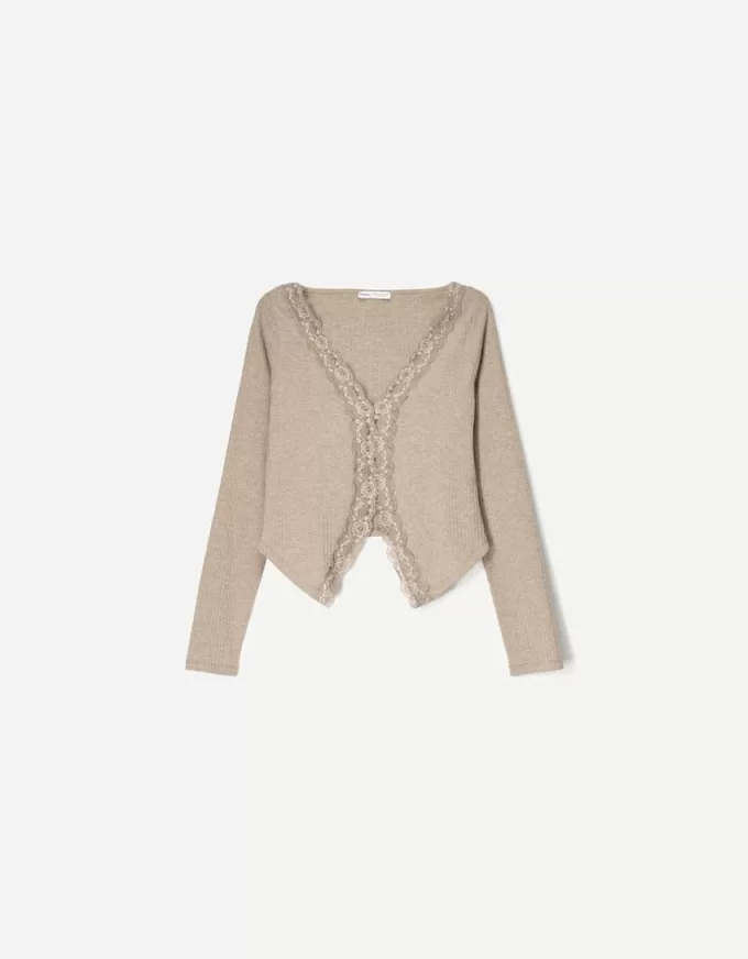 Tricou cu mânecă lungă cu nervuri și dantelă blondă Tricou cu mânecă lungă cu nervuri și dantelă blondă