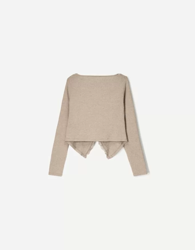 Tricou cu mânecă lungă cu nervuri și dantelă blondă Tricou cu mânecă lungă cu nervuri și dantelă blondă