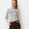Tricou cu mânecă lungă imprimat cu nervuri, cu știfturi Tricou cu mânecă lungă imprimat cu nervuri, cu știfturi