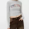 Tricou cu mânecă lungă imprimat cu nervuri, cu știfturi Tricou cu mânecă lungă imprimat cu nervuri, cu știfturi
