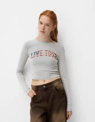 Tricou cu mânecă lungă imprimat cu nervuri, cu știfturi