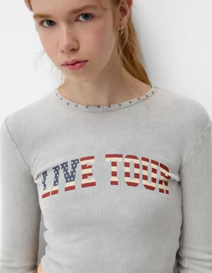 Tricou cu mânecă lungă imprimat cu nervuri, cu știfturi Tricou cu mânecă lungă imprimat cu nervuri, cu știfturi