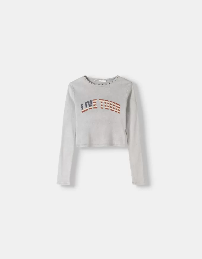 Tricou cu mânecă lungă imprimat cu nervuri, cu știfturi Tricou cu mânecă lungă imprimat cu nervuri, cu știfturi